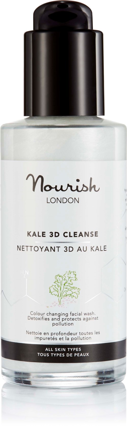 En hvid ansigtsrensflaske med sort låg, mærket "Kale 3D Cleanse" af Nourish London, til alle hudtyper.