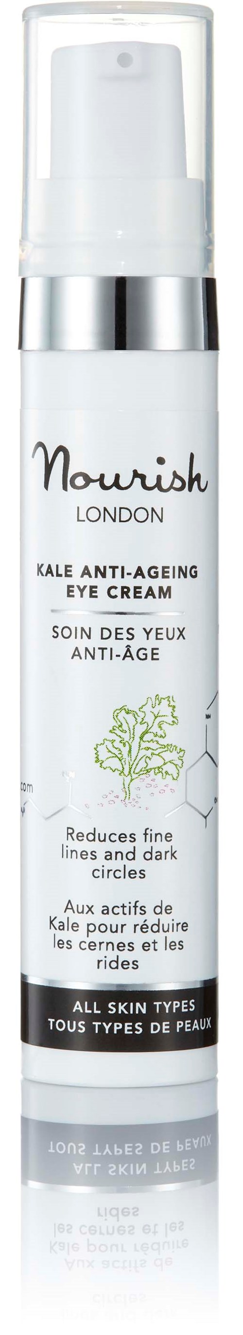 Valkoinen putkilö Nourish London kale anti-age silmänympärysvoide, jossa on hopeinen rengas ja pumppupää.