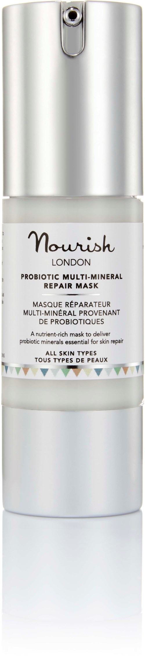 Valkoinen ja hopeanvärinen pullo pumppupäällä, merkinnällä 'Nourish London' probioottinen ihon korjausnaamio kaikille ihotyypeille.
