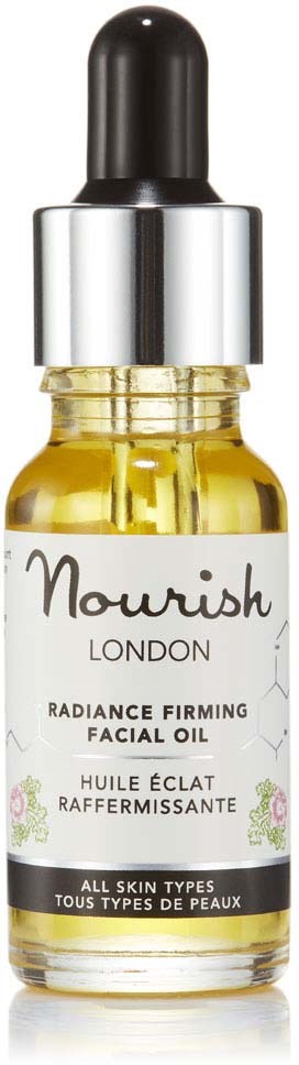 A small bottle of facial oil with a black dropper cap, labeled Nourish London Radiance Firming Facial Oil.