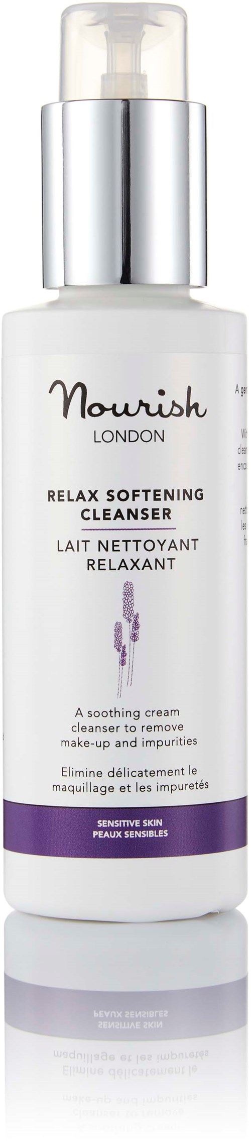 Biała butelka z pompką, oznaczona Nourish London, Relax Softening Cleanser dla wrażliwej skóry.