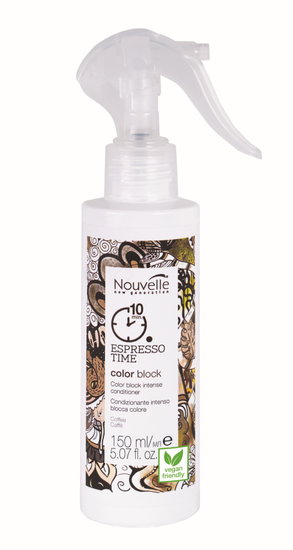 En hvit sprayflaske med etiket, inneholder fargeblokkbalsam, veganvennlig, 150 ml, brukes til hår.