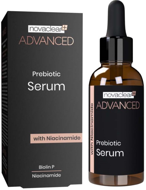 A box and a dropper bottle of Novaclear Advanced Prebiotic Serum with Niacinamide and Biolin P.