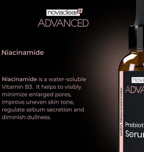 A skincare product named Niacinamide from Novaclear Advanced, with a description of its benefits for skin improvement.