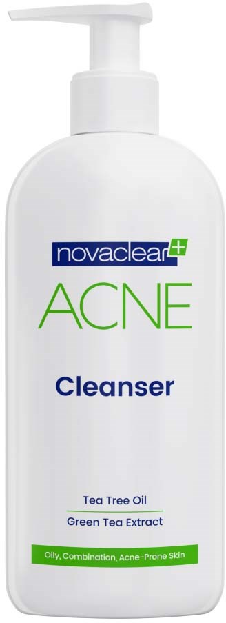 En vit flaska med acne-rengöring med pump, märkt med ingredienser som tea tree-olja och grönt te-extrakt.