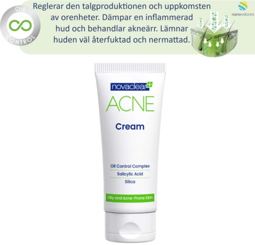 En hvit tube med kviserkreme merket 'novaclear ACNE Cream' med ingredienser som salisylsyre og silica for fet hud. Tekst på svensk øverst.