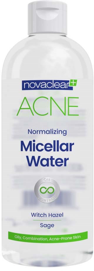 A clear plastic bottle with a flip-top cap. The label has blue, green, and white colors, advertising micellar water for acne-prone skin.
