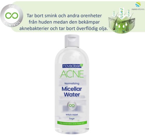 A bottle of micellar water for acne, with labels for witch hazel and sage, and green graphics indicating skin cleansing.
