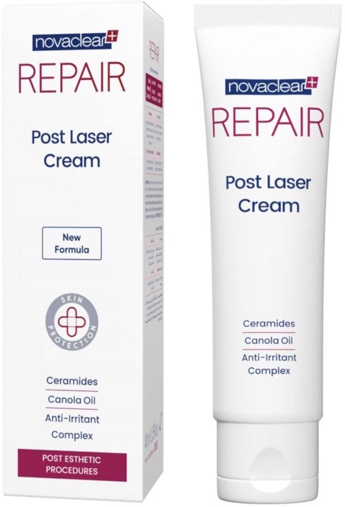 Een witte tube van Novaclear Repair Post Laser Cream met doos, toont ingrediënten en voordelen voor huidherstel.