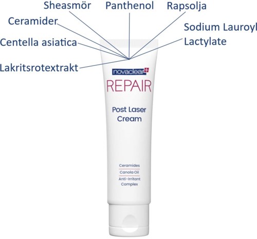Een tube post-laser gezichtscrème met ingrediënten zoals ceramides en centella asiatica, bedoeld voor huidherstel.