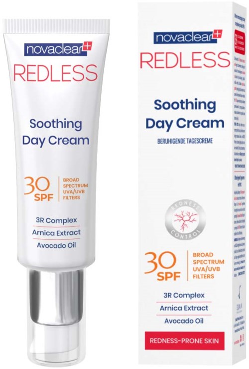 Eine Tube und eine Verpackung von Novaclear Redless Soothing Day Cream mit SPF 30 für rote oder empfindliche Haut.