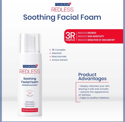 Eine Hautpflegeflasche namens Redless Soothing Facial Foam, die Rötungen reduziert und die Haut beruhigt.