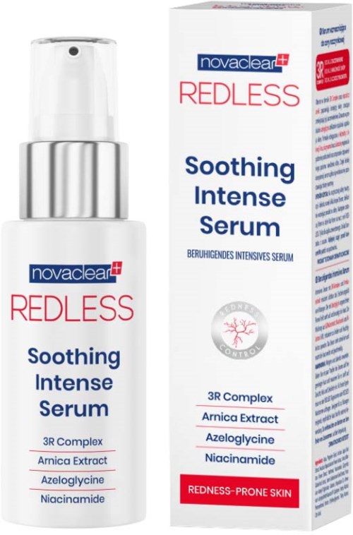 Ein Hautpflegeprodukt namens Redless Soothing Intense Serum mit Inhaltsstoffen wie Arnikaextrakt, Azeolcygine und Niacinamide in einer weißen Flasche.