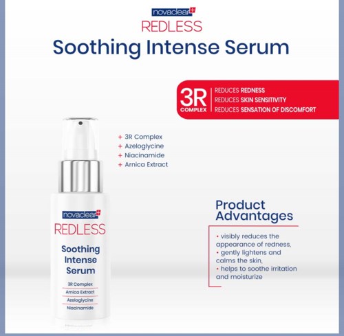Die Verpackung beschreibt ein beruhigendes Serum mit Inhaltsstoffen wie 3R Complex, Arnika und Niacinamid, das Rötungen reduziert und die Haut beruhigt.
