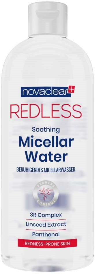 Eine klare Flasche mit weißem Deckel, beschriftet 'Redless Soothing Micellar Water' für empfindliche, rötliche Haut, mit Hauptzutaten aufgelistet.
