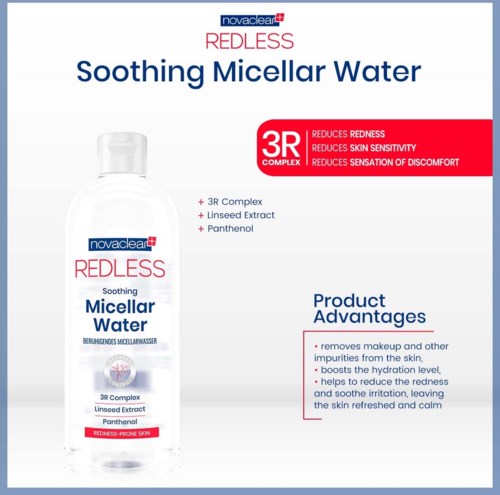 Eine Flasche mit beruhigendem Micellar Water und Vorteilen aufgelistet.