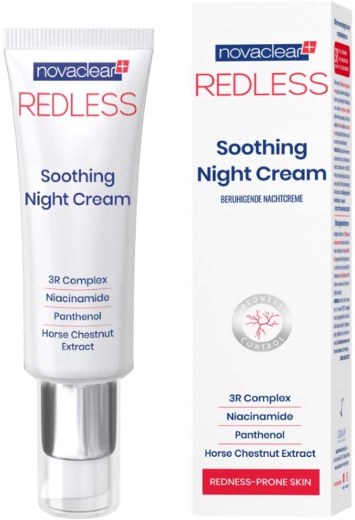 Eine weiße Tube und Schachtel mit blauem und rotem Text für Novaclear Redless Soothing Night Cream. Enthält Inhaltsstoffe wie Niacinamid und Rosskastanie.