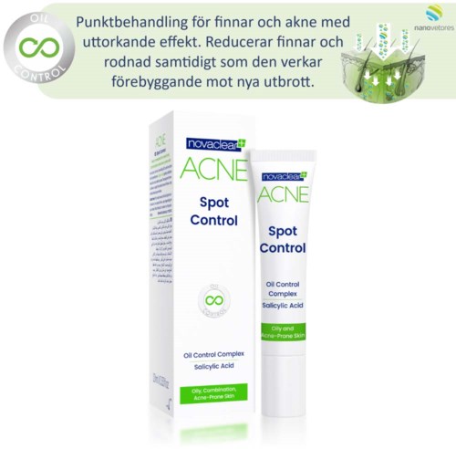Skönhetsprodukt med namnet Novaclear ACNE Spot Control, med en box och tub, för oljig och aknebenägen hud.