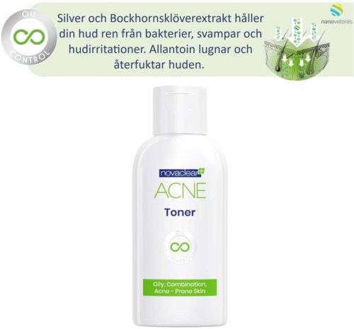 En hvit flaske merket 'ACNE Toner' for fet og kviserutsatt hud, med grønn og lilla tekst, viser produktets formål.