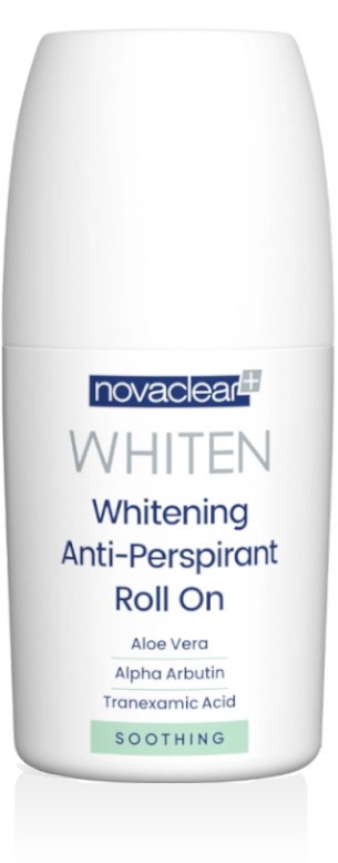 En vit rullande deodorantflaska med blå och gröna etiketter, varumärke och produktdetaljer för ljusning och lugnande effekter.