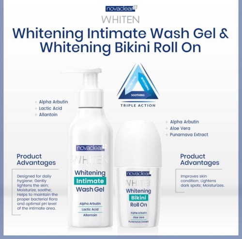 Ein Produktetikett für Novaclear Whitening Gel und Bikini Roll-On, erwähnt Inhaltsstoffe und Vorteile für Haut und dunkle Flecken.