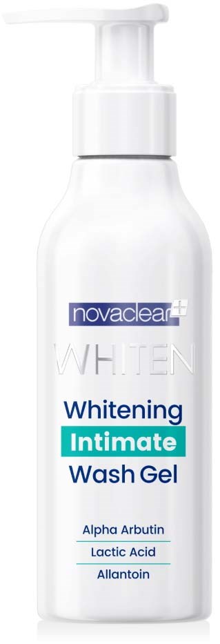 Eine weiße Flasche mit Waschgel für die intime Pflege, mit Pumpe. Es hat blauer und weißer Text, der Inhaltsstoffe auflistet.