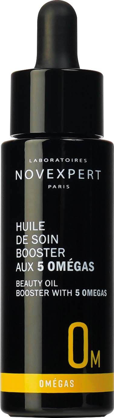 En sort flaske med dropper, mærket Novexpert Paris Omega olie, til hudpleje, indeholder fem Omegaer.