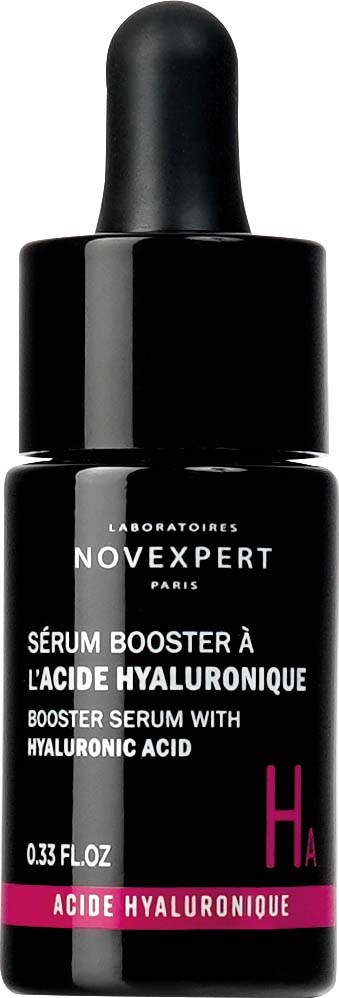A small black bottle with a dropper cap, labeled as hyaluronic acid booster serum from Novexpert Paris.
