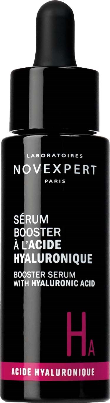 En svart flaska med droppstiftslock, märkt som hyaluronsyraboosterningsserum från Novexpert Paris.