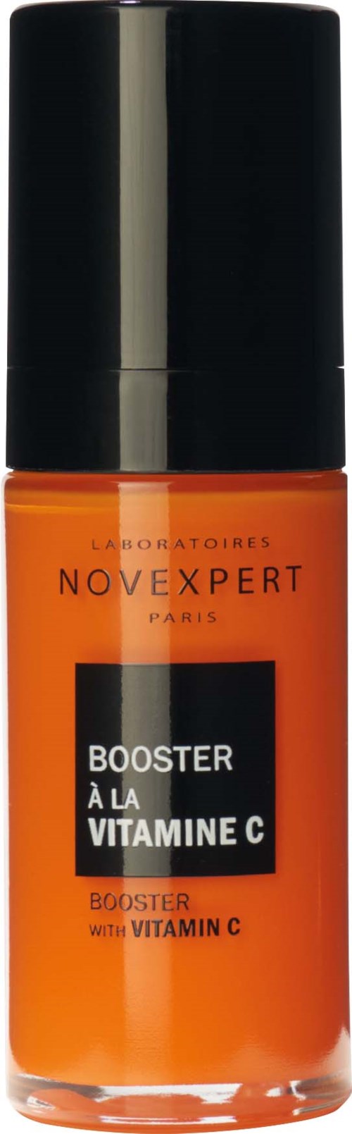 Orange serumflaske mærket Booster med Vitamin C fra Novexpert Paris med sort låg.