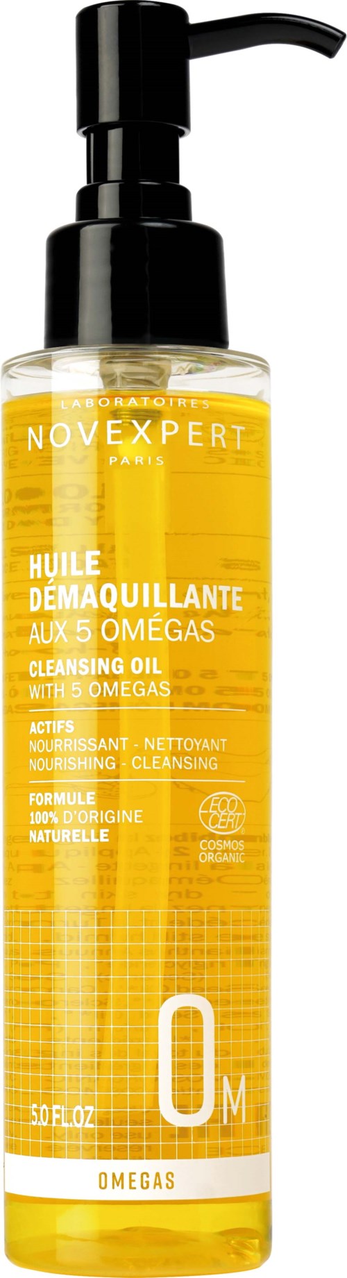 En gul gennemsigtig flaske med sort pumpe, mærket som renseolie med omegaer, fra Novexpert Paris.