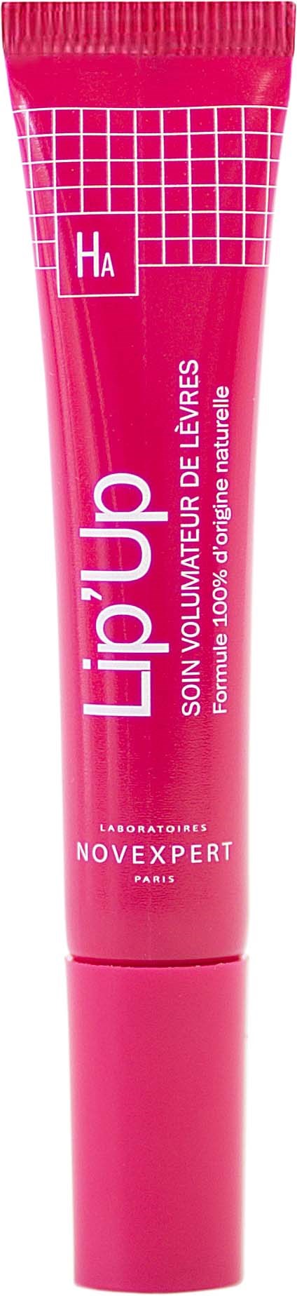 Pink tube med leppepomade eller gloss med hvit tekst og et lite rutenett-design.