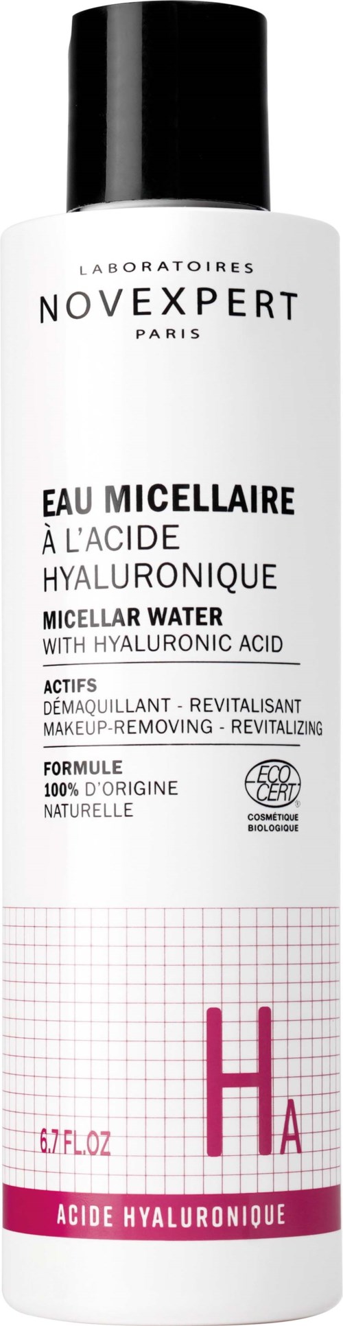 En hvid flaske med sort låg, mærket med Novexpert og produktdetaljer, inklusive hyaluronsyre.