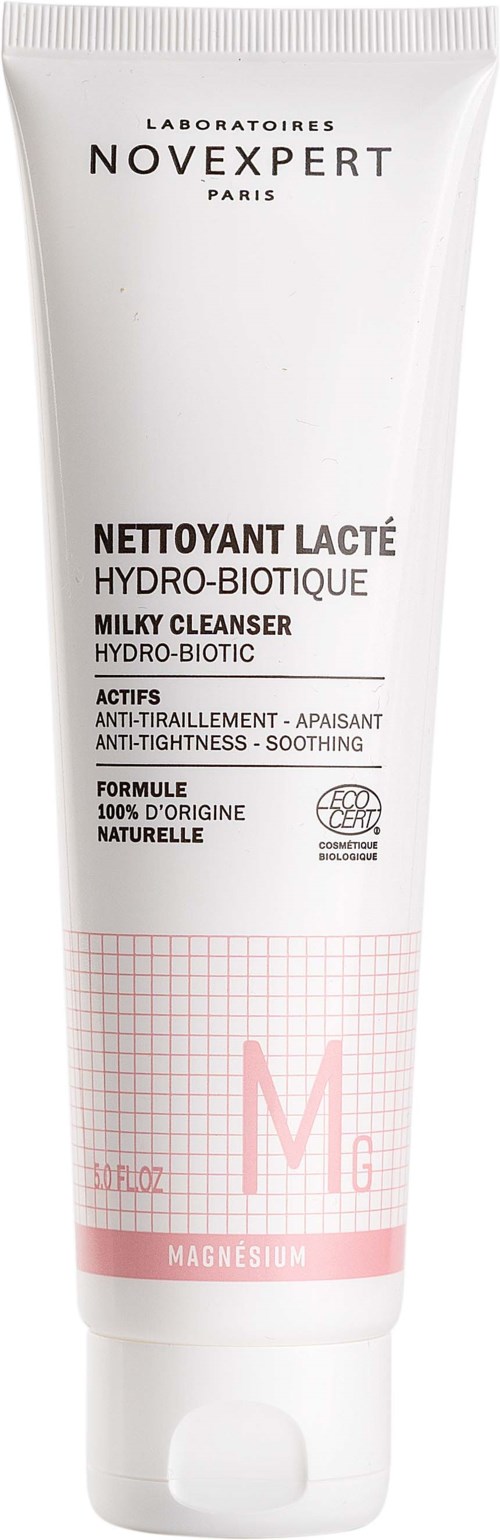 En hvid tube med hudplejeprodukt, kaldet 'Milky Cleanser Hydro-Biotique', fra Novexpert, med oplysninger om fordele og ingredienser.