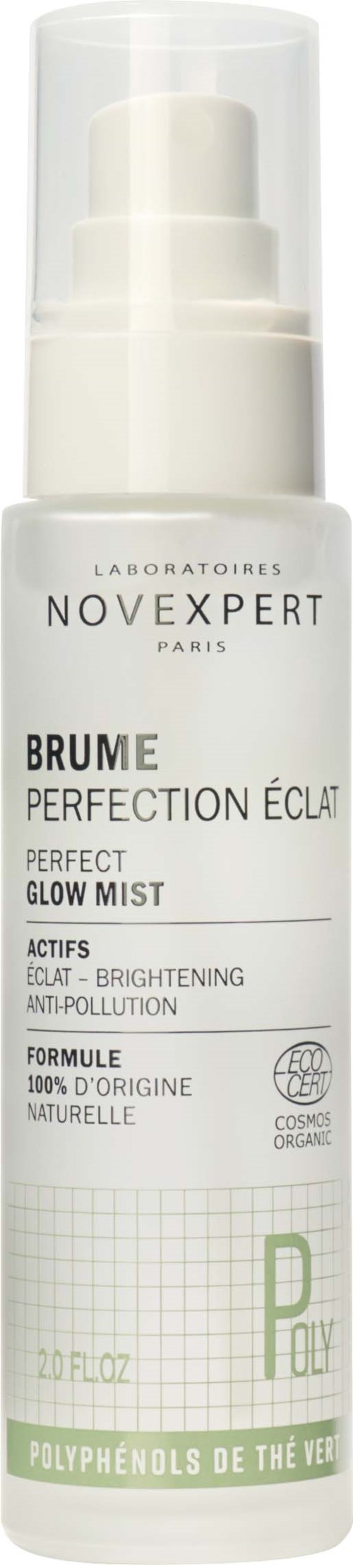 En hvit sprayflaske merket Novexpert Paris, designet for hudglansspray, med gjennomsiktig hette og grønn tekst.
