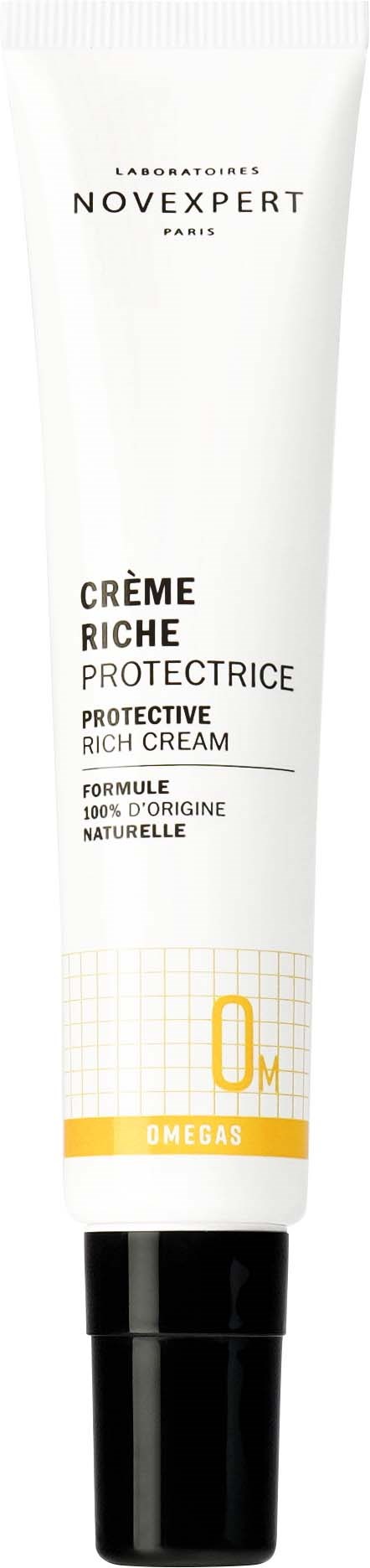 En hvid tube med Novexpert rig beskyttende creme, med sort låg, der indikerer, at den indeholder 0% konserveringsmidler.