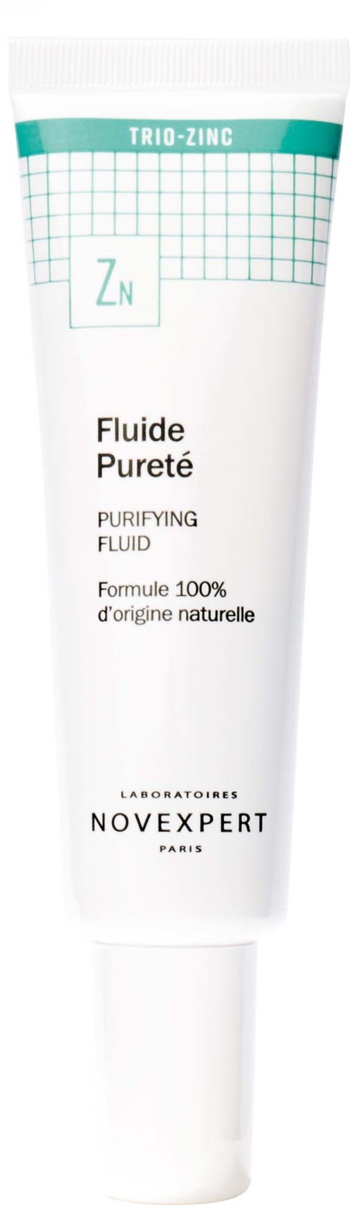 Een tube huidverzorgingsproduct genaamd 'Fluide Pureté', met zuiverende werking, met zink, natuurlijke formule, van Novexpert Paris.
