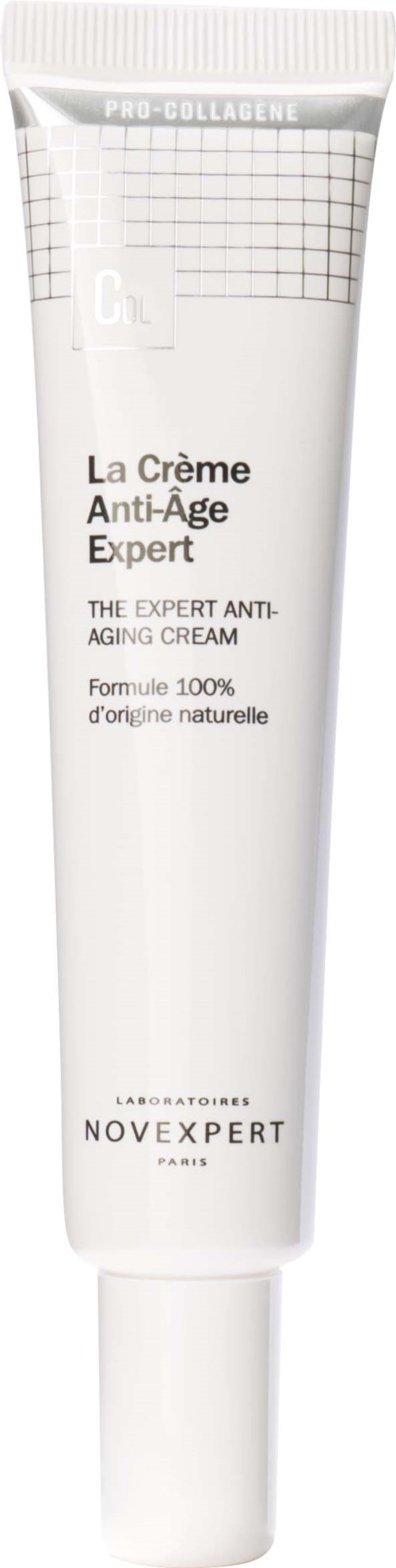 En hvid tube med anti-aldringscreme med sort tekst, mærket La Crème Anti-Âge Expert, fra Novexpert.