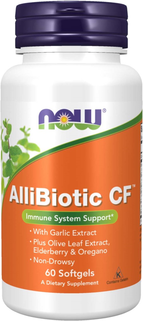 En hvit flaske med lilla lokk inneholder Now AlliiBiotic CF kosttilskudd med hvitløk og olivenbladsekstrakt.