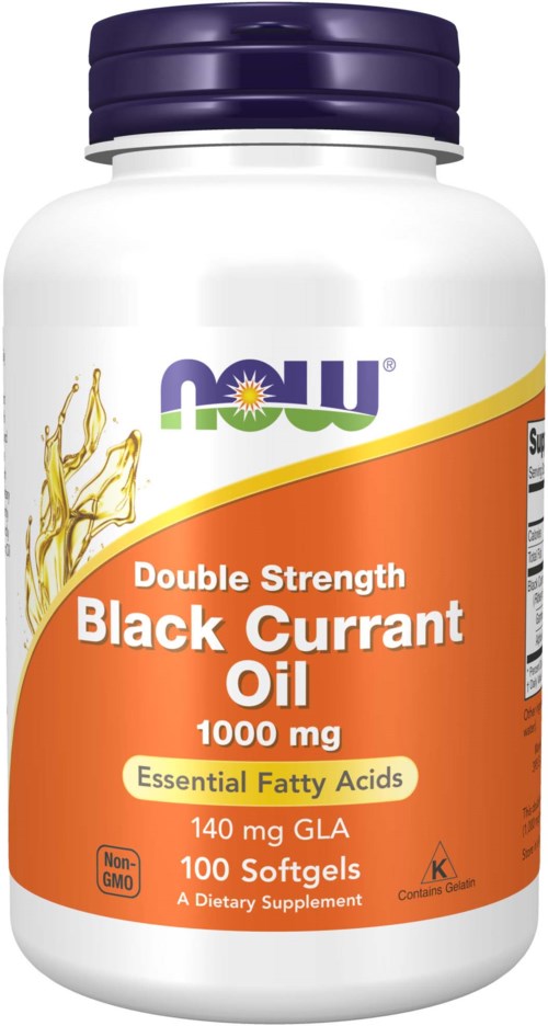 Et kosttilskuddflask merket 'Black Currant Oil' med 1000 mg, som inneholder mykgel for helsemessige fordeler.