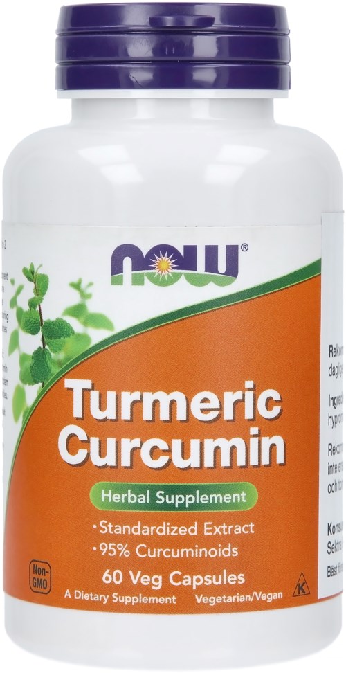 Kräuterergänzung in einer weißen Flasche mit lila Deckel, beschriftet 'Turmeric Curcumin' mit grünen und orangefarbenen Designelementen.