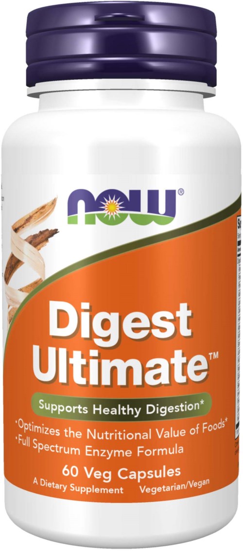 A white bottle with purple cap, labeled 'Digest Ultimate,' supports digestion, contains 60 vegan capsules, and shows a digestive diagram.
