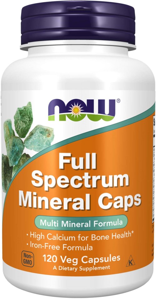 En hvit flaske med lilla lokk merket 'Now Full Spectrum Mineral Caps.' Den viser en kaktus og lister opp helsemessige fordeler.