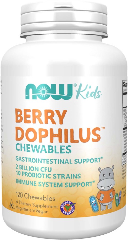 En hvit flaske med Now Kids Berry Dophilus Chewables med en tegnet flodhest, som fremmer fordøyelses- og immunforsvar.