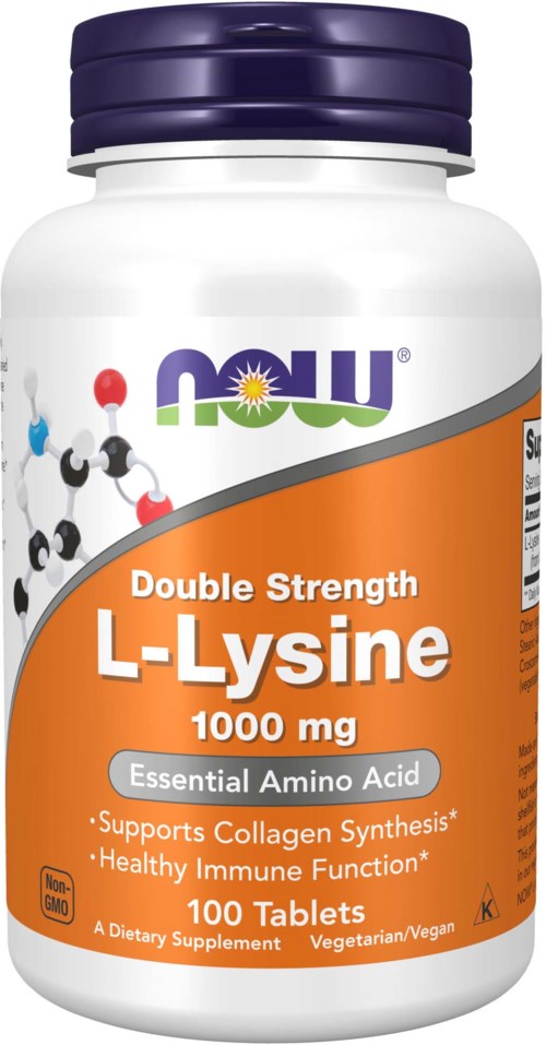 Vit flaska med lila lock, orange etikett och molekylillustration. Innehåller Now-märket L-Lysine, 1000 mg, 100 tabletter.