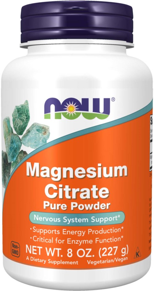 En vit flaska med lila lock, märkt 'Magnesium Citrate Pure Powder' för nerv- och energistöd.
