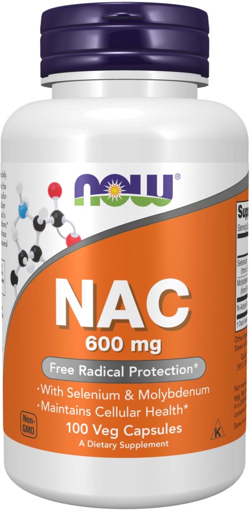 A white bottle with a purple cap labeled NAC 600 mg, containing 100 vegetarian capsules for health support.