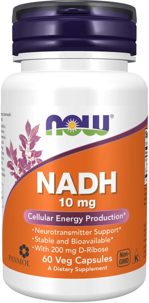 A bottle of NADH supplements for energy with 60 vegetable capsules, containing 10 mg of NADH and 200 mg of D-Ribose.