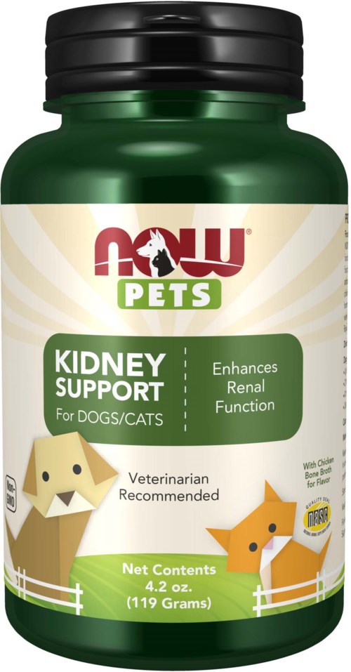 En grønn flaske merket "Kidney Support" for hunder og katter, med bilder av en hund og katt, og som forbedrer nyrefunksjonen.
