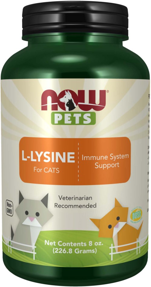 A green bottle of pet supplements labeled for cats, supporting immune system with L-Lysine, recommended by a veterinarian.
